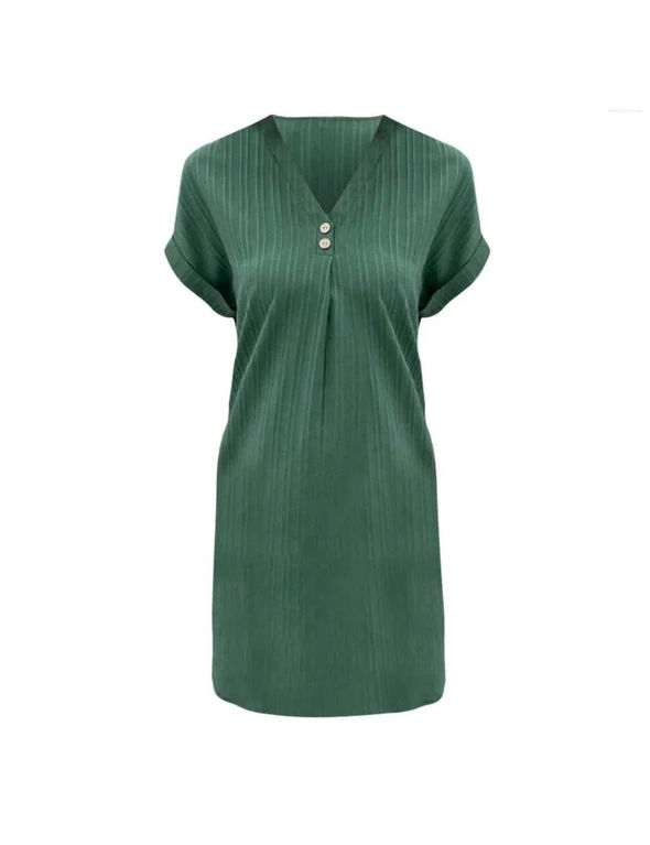 V-Neck Plain Colour Pullover Dress with Button - Green, hi-res image number null