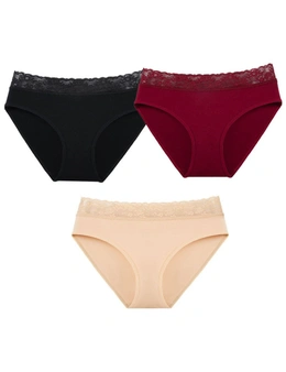 Womens Briefs Hipster Lace Bikini Underwear - 3 Pack - Black, Wine Red, Skin