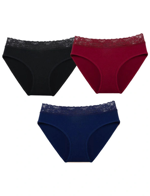Womens Briefs Hipster Lace Bikini Underwear - 3 Pack - Black, Wine Red, Navy Blue, hi-res image number null