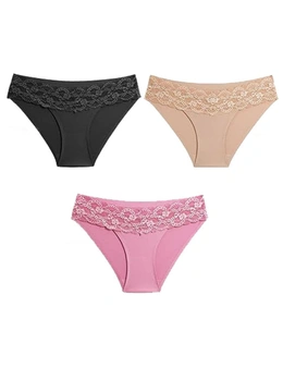 Women Sexy Lace High Cut Hipster Underwear - 3 Pack - Black, Skin, Rose Red