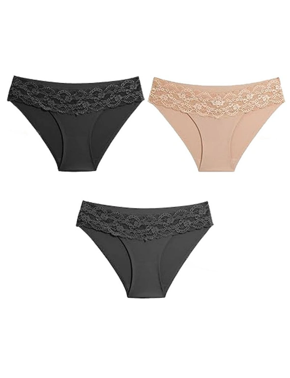 Women Sexy Lace High Cut Hipster Underwear - 3 Pack - Black, Skin, Dark Grey, hi-res image number null
