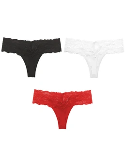 Lace Thongs for Women - 3 Pack - Black, White, Red