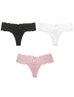 Lace Thongs for Women - 3 Pack - Black, White, Pink