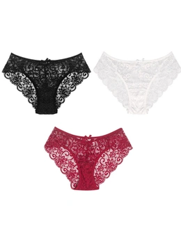 Womens Lace Half Back Coverage Panties - 3 Pack - Black, White, Wine Red