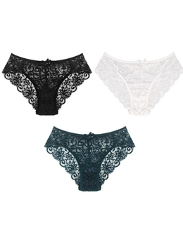 Womens Lace Half Back Coverage Panties - 3 Pack - Black, White, Blue