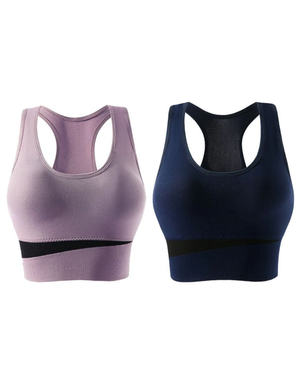 Womens Sports Bras - 2 Pack - Purple Grey and Navy blue, hi-res image number null
