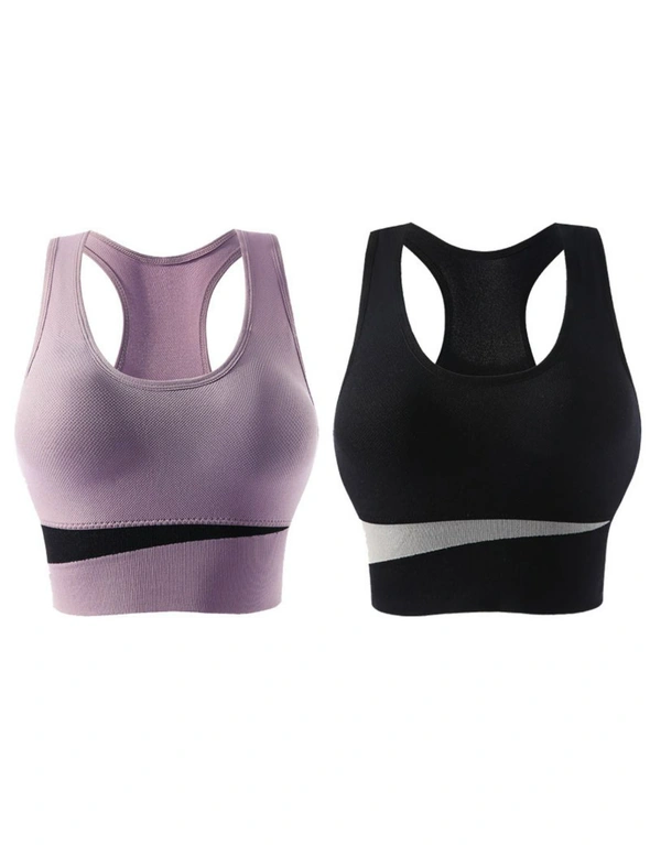 Womens Sports Bras - 2 Pack -  Black and Purple Grey, hi-res image number null