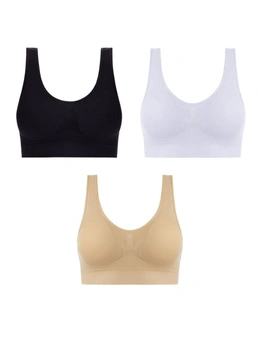 Womens Sports Bras with Pads - 3 Pack - Black, White, Skin
