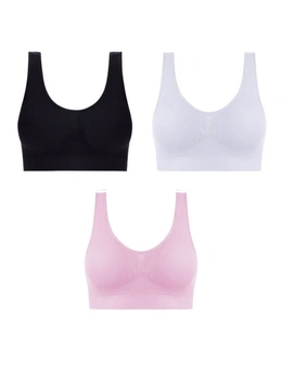 Womens Sports Bras with Pads - 3 Pack - Black, White, Pink