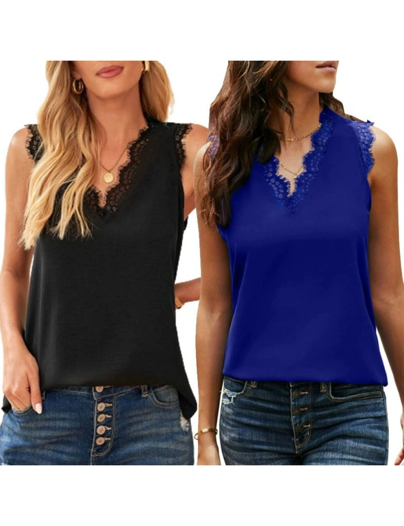 Women Sleeveless Lace Trim Tank Tops - 2 Pack - Black and Dark Blue, hi-res image number null
