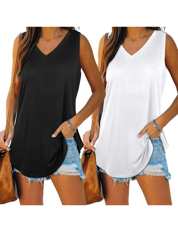 Womens V Neck Flowy Sleeveless Tank Tops - 2 Pack - Black and White, hi-res image number null