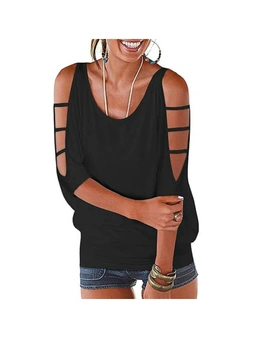 Womens Summer Cold Shoulder 3/4 Sleeve Blouses -  Black