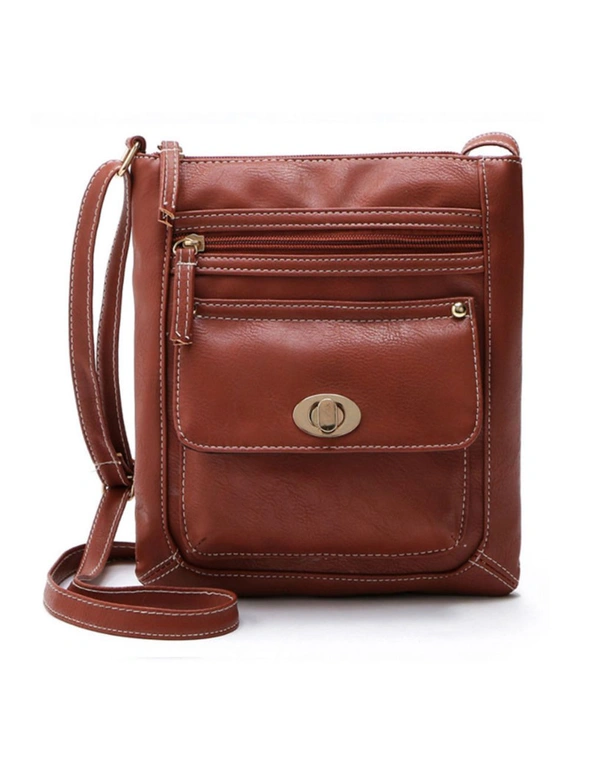 Cross-Body Bag with Clasp - Light Brown- Fashionable - Comes With Soft Adjustable Shoulder Strap Zipper, hi-res image number null