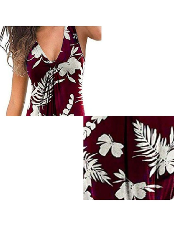 Deep V-Neck Floral Print Dress - Wine Red, hi-res image number null