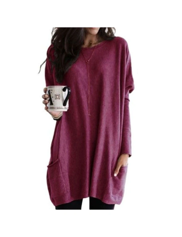 Casual Long Sleeve Top With Pockets - Wine Red, hi-res image number null