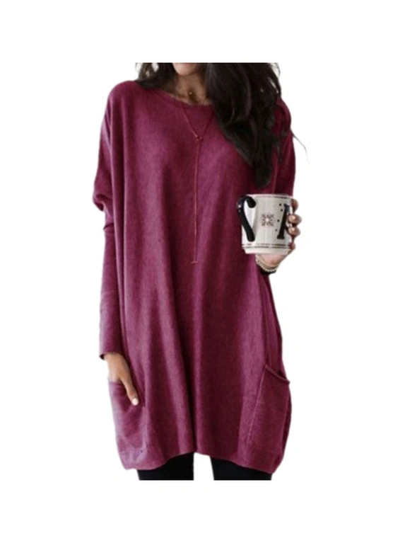 Casual Long Sleeve Top With Pockets - Wine Red, hi-res image number null