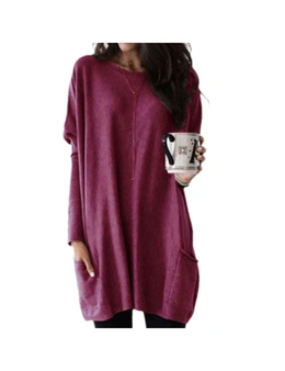 Casual Long Sleeve Top With Pockets - Wine Red