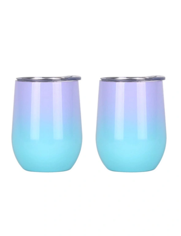 Stainless Steel Wine Mug x2 - Purple with Blue - Sylish Perfect for Outdoor Use - Comes with Lid Supplied, hi-res image number null