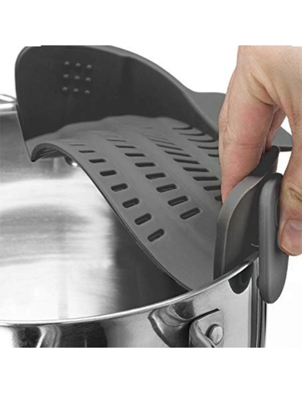 Clip Silicone Colander - Grey - Strong Grip Clip Will Keep The Colander in Place Even When Straining Heavy Foods, hi-res image number null