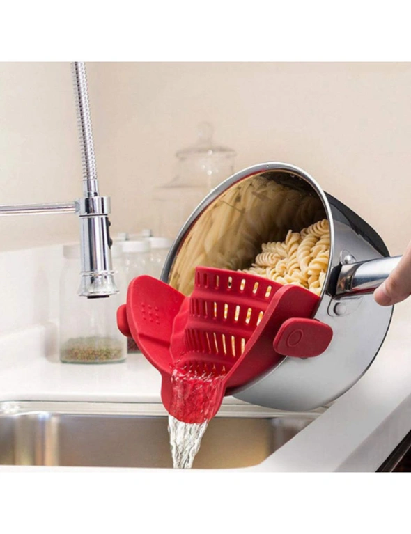 Clip Silicone Colander - Red - Strong Grip Clip Will Keep The Colander in Place Even When Straining Heavy Foods, hi-res image number null