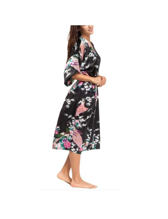 Soft silk Kimono Robe Dressing Gown - Black, hi-res image number null