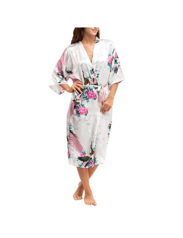 Soft silk Kimono Robe Dressing Gown - White, hi-res image number null