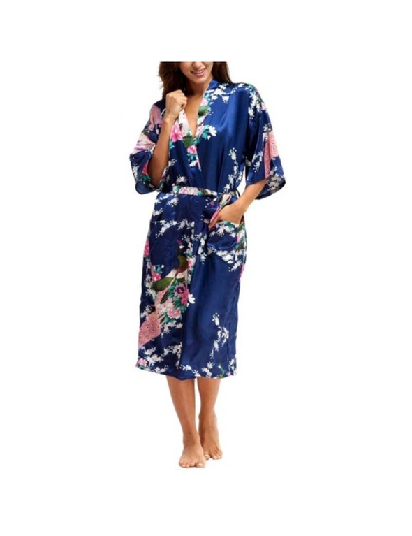 Soft silk Kimono Robe Dressing Gown - Dark Blue, hi-res image number null
