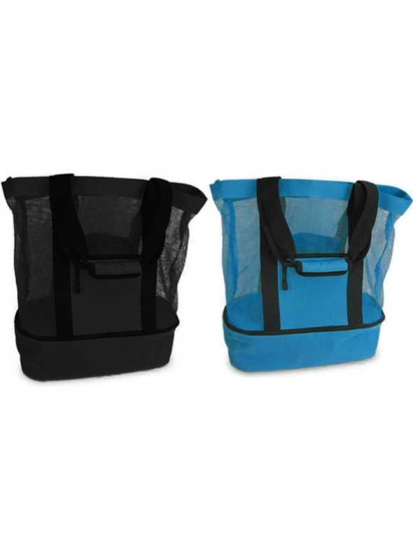 Mesh Picnic Tote Bags with Insulated Compartment - PACK OF TWO - Black & Blue, hi-res image number null