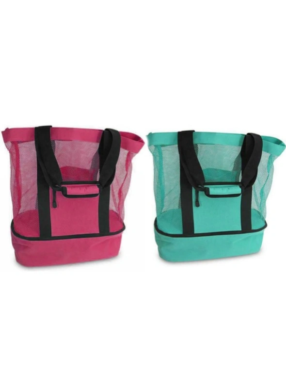 Mesh Picnic Tote Bags with Insulated Compartment - PACK OF TWO - Green & Pink, hi-res image number null