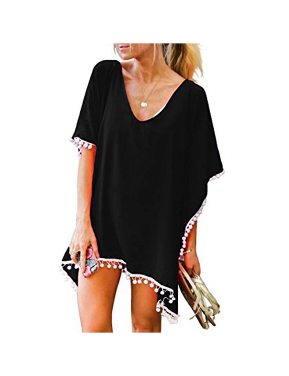 Women's Beach Cover Up Dress with White Ball Tassel, hi-res image number null