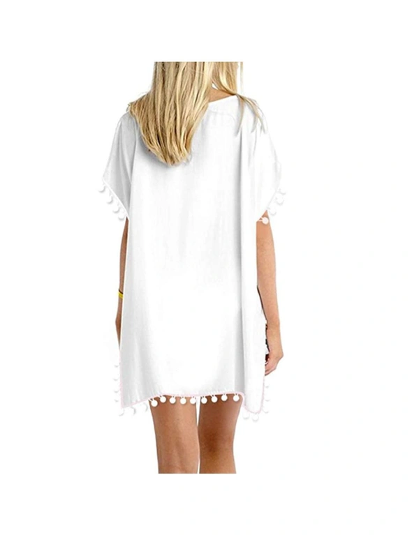 Women's Beach Cover Up Dress with White Ball Tassel, hi-res image number null