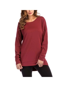 Side Split Loose Casual Jumper - Wine Red - Women's Fall Long Sleeve Pullover Tunic Tops