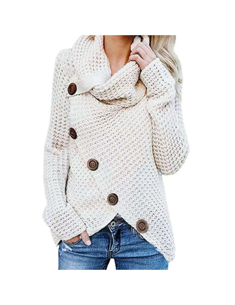 Cowl Neck Sweater - Cream - Solid Colour Chunky Button Pullover Sweater ...