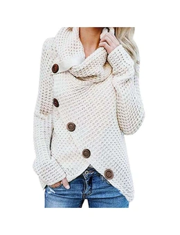 Cowl Neck Sweater - Cream - Solid Colour Chunky Button Pullover Sweater Turtle Cowl Neck Asymmetric Hem Knit Sweater