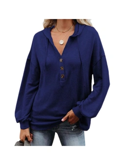 Women's Deep V Neck Drawstring Sweatshirt Hoodies - Blue