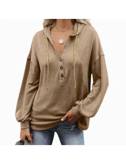 Women's Deep V Neck Drawstring Sweatshirt Hoodies - Brown