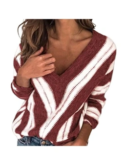 Deep V Neck Color Block Striped Sweater for Women Long Sleeve Knit Pullover Tops