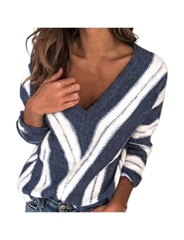 Deep V Neck Color Block Striped Sweater for Women Long Sleeve Knit Pullover Tops