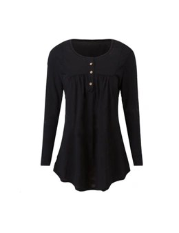 Long Sleeve Tunic Tops With Button Placket - Black - S