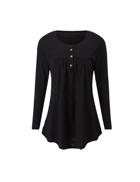 Long Sleeve Tunic Tops With Button Placket - Black - S, hi-res image number null