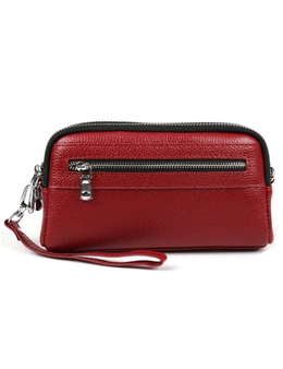Genuine Leather Shoulder Bag With Front Pocket Zipper- Wine Red