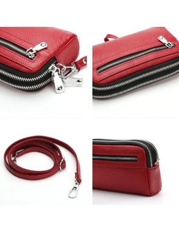 Genuine Leather Shoulder Bag With Front Pocket Zipper- Wine Red