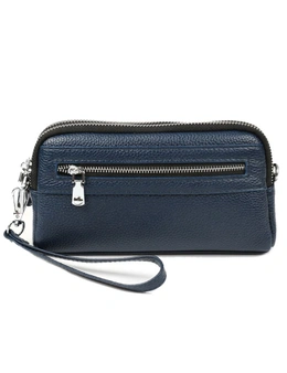 Genuine Leather Shoulder Bag With Front Pocket Zipper- Blue