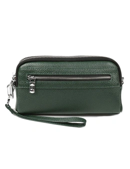 Genuine Leather Shoulder Bag With Front Pocket Zipper- Dark Green