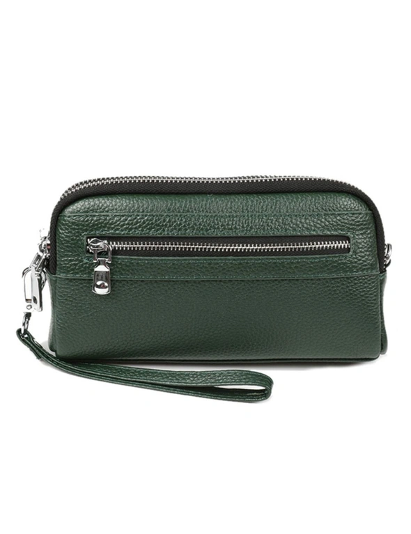 Genuine Leather Shoulder Bag With Front Pocket Zipper- Dark Green, hi-res image number null