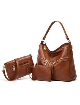 3pcs Bag Set - Shoulder Bag, Messenger Bag, Wallet Clutch - Brown