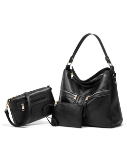 3pcs Bag Set - Shoulder Bag, Messenger Bag, Wallet Clutch - Black