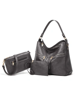 3pcs Bag Set - Shoulder Bag, Messenger Bag, Wallet Clutch - Dark Grey
