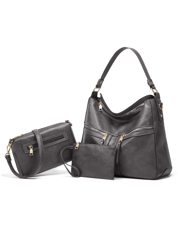3pcs Bag Set - Shoulder Bag, Messenger Bag, Wallet Clutch - Dark Grey, hi-res image number null