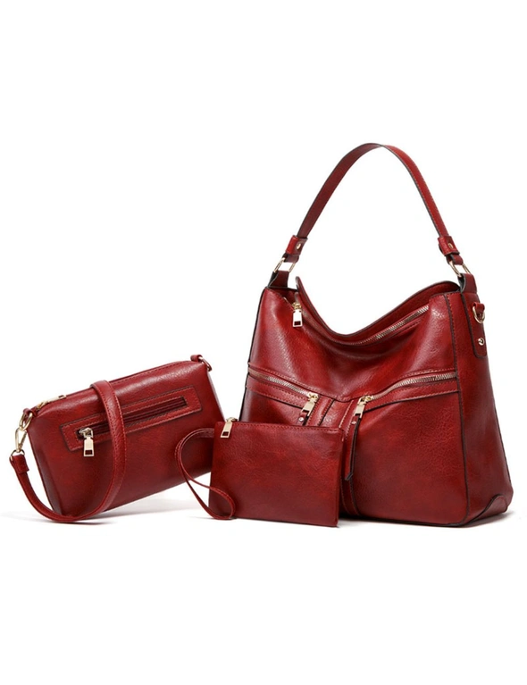 3pcs Bag Set - Shoulder Bag, Messenger Bag, Wallet Clutch - Red, hi-res image number null